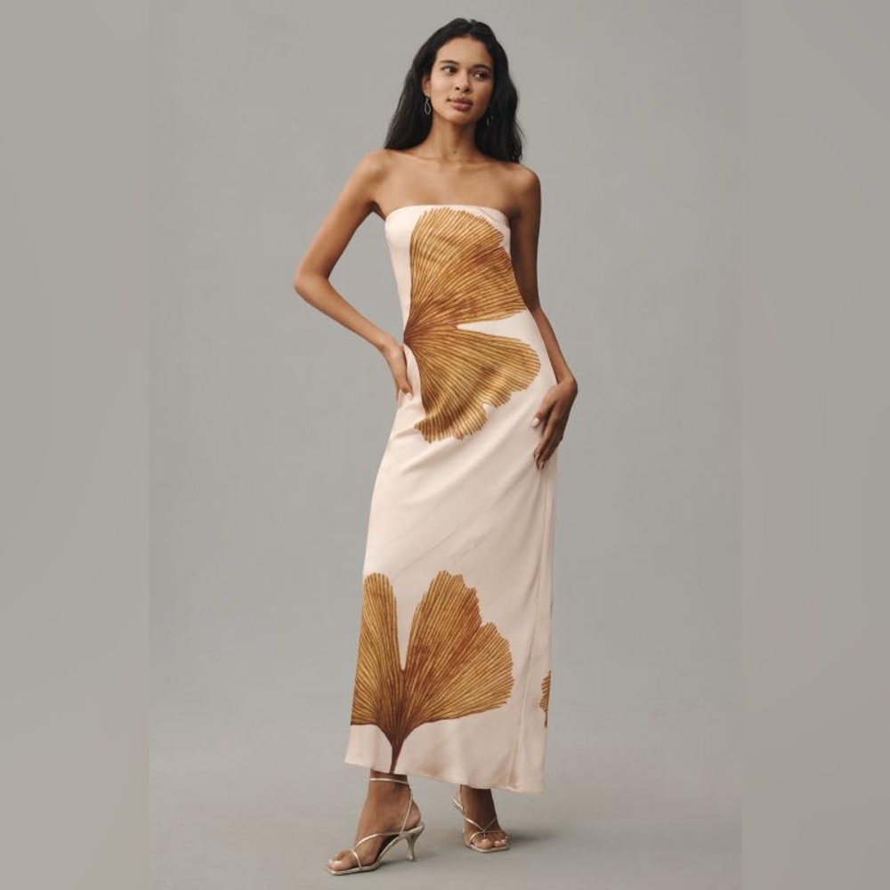 Anthropologie The Fluer light pink flower shell motif strapless silk maxi dress